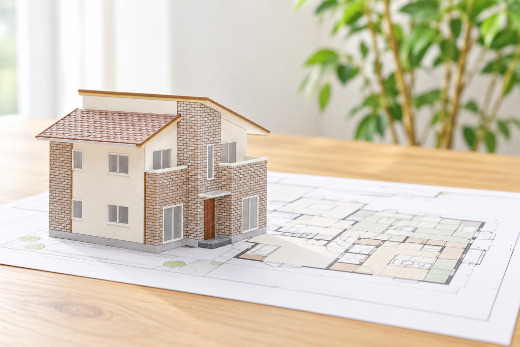 住宅模型と間取り図を使った家づくりの検討イメージ